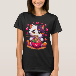 Camiseta Gato Anime Comiendo Fideos Ramen Con Corazones Val