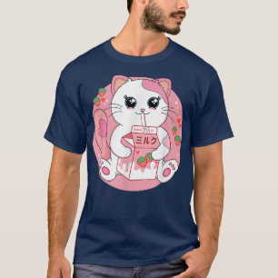 Camiseta Gato Anime Kawaii Fresa Leche Hombres Adolescente