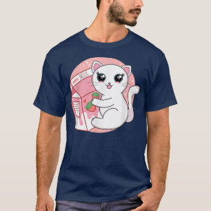 Camiseta Gato Anime Kawaii Fresa Leche Hombres Adolescente