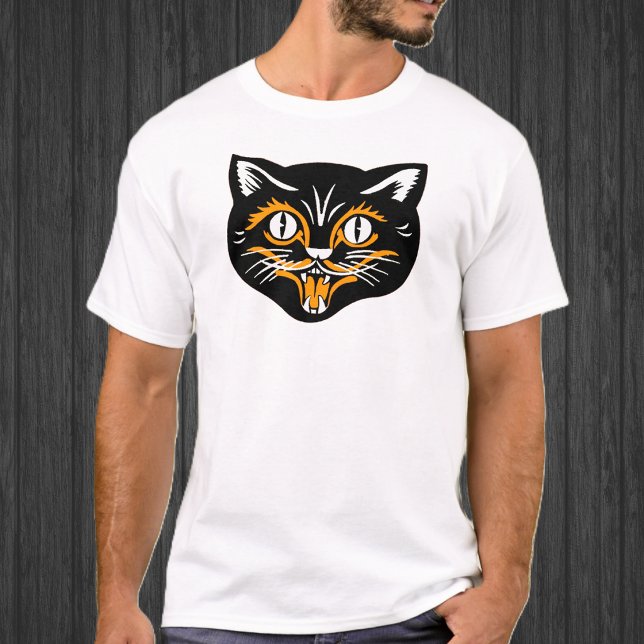 Camiseta Gato Antiguo Cara de Halloween (Happy black vintage Halloween cat face with orange and white accents on a tee shirt.)