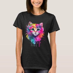 Camiseta Gato arcoiris A acuarela Pintura Flores coloridas 