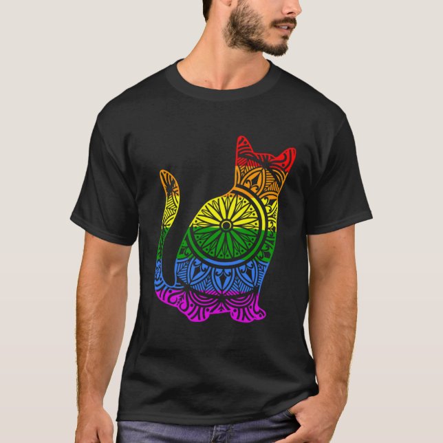 Camiseta Gato arcoiris Kitty Mandala Lotus Flor Yoga Medita (Anverso)