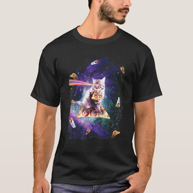 Camiseta Gato Arcoíris Láser Ojos Montando Pizza Astronauta (Anverso)