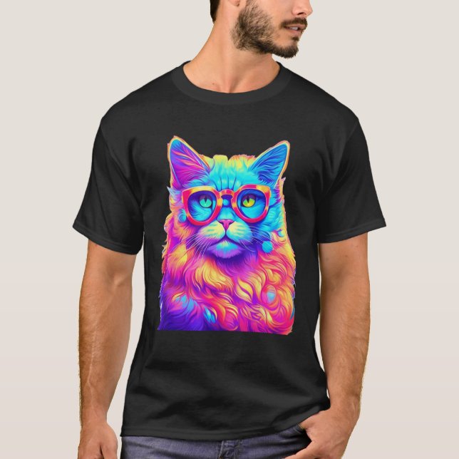 Camiseta Gato Arcoíris Neon con Gafas Abstracto Brillante P (Anverso)