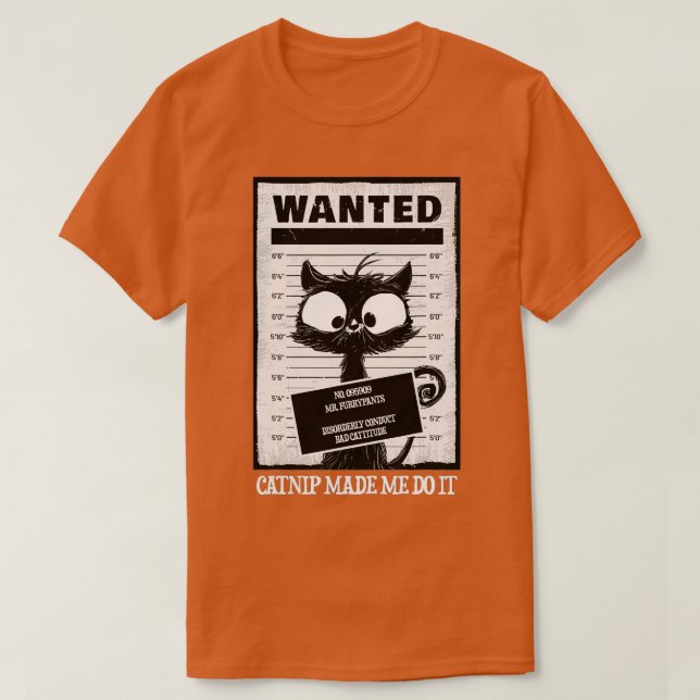 Camiseta Gato arrestado en prisión. Gato buscado. (Diseño del anverso)