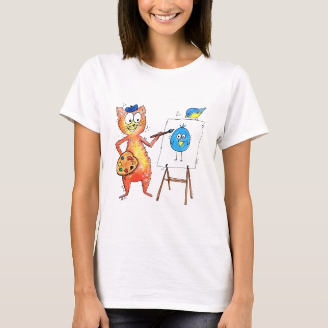 Camiseta Gato artista caprichoso pintando un pájaro (Anverso)