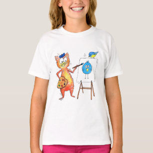 Camiseta Gato artista caprichoso pintando un pájaro