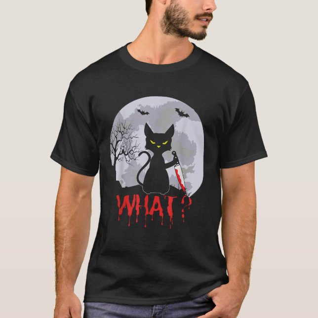 Camiseta Gato Asesino Con Gato De Cuchillo Qué Halloween Te (Anverso)