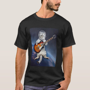 Camiseta Gato Astronauta Flotando en el Espacio Tocando Gui