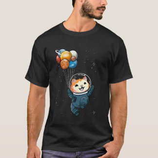 Camiseta Gato astronauta sosteniendo globos de planetas esp