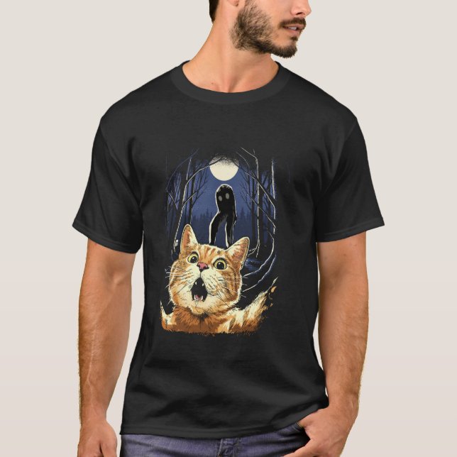 Camiseta Gato Asustado Selfie Gato Con Criptido Monstruo De (Anverso)