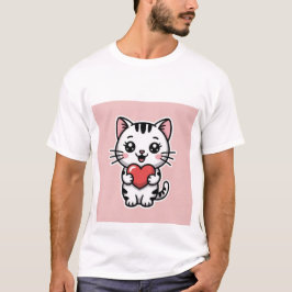 Camiseta Gato atigrado blanco Kawaii lindo sosteniendo cora