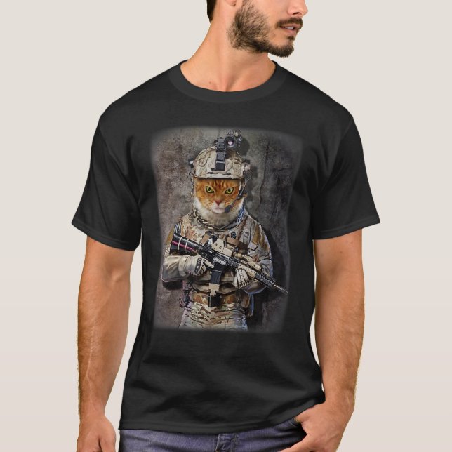 Camiseta Gato atigrado como comando del ejército con equipo (Anverso)