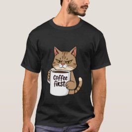 Camiseta Gato Atigrado Gruñón Divertido Café Primero Mañana