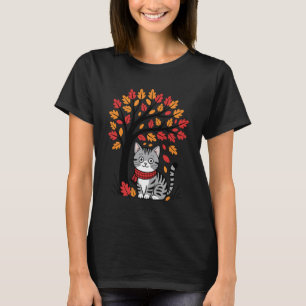 Camiseta Gato Atigrado Hoja Otoño Árbol Día de Acción de Gr