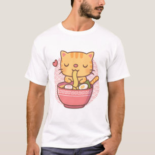 Camiseta Gato atigrado lindo comiendo fideos ramen olas fon