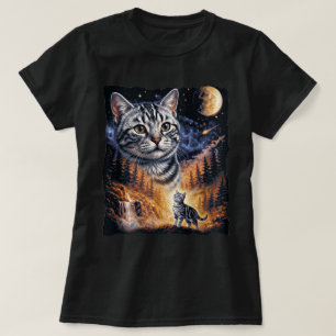 Camiseta Gato Atigrado Luna Bosque Arte Fantasía