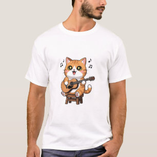 Camiseta Gato Atigrado Naranja Adorable Tocando Guitarra Ac