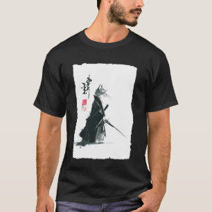 Camiseta Gato atigrado Samurái Pintura Japonesa con Tinta S
