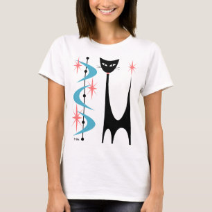 Camiseta Gato atómico de mediados de siglo con boomeranes a