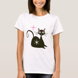 Camiseta Gato atómico negro de mediados de siglo con estall