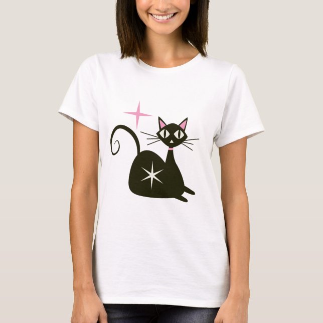 Camiseta Gato atómico negro de mediados del siglo con estal (Anverso)