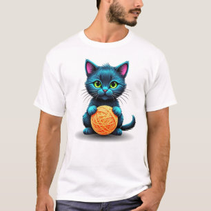 Camiseta Gato Azul Adorable con Bola de Hilo