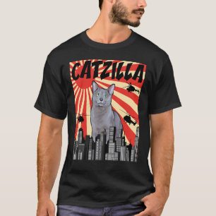 Camiseta Gato Azul Ruso Catzilla Japonés Retro Divertido