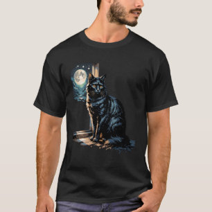 Camiseta Gato Bajo Luz de Luna Azul en Noche de Fantasía en