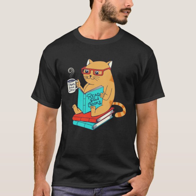 Camiseta Gato bebe buen café lee buenos libros  Diversión (Anverso)