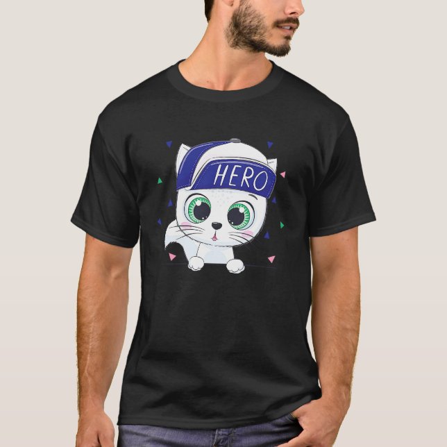 Camiseta gato bebé gatito adorable héroe gorra (Anverso)