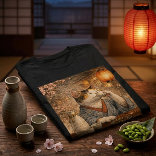 Camiseta Gato bebedor de sake en casa de té japonesa