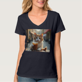 Camiseta Gato bebiendo café en una calle