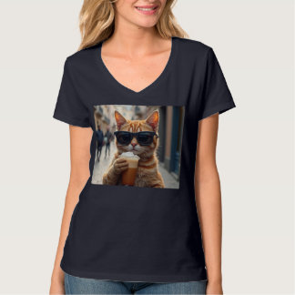 Camiseta Gato bebiendo café en una calle