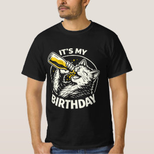 Camiseta Gato Bebiendo Cerveza de un Trago Es Mi Cumpleaños
