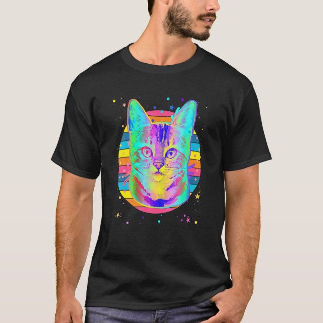 Camiseta Gato Bengal Arcoíris Espacio Negro (Anverso)