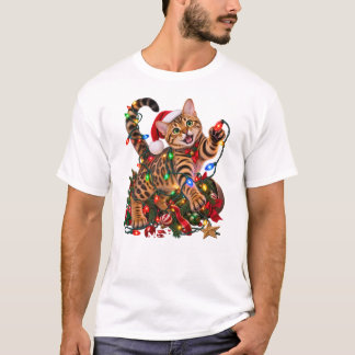 Camiseta Gato Bengal de Navidad persiguiendo luces de Navid