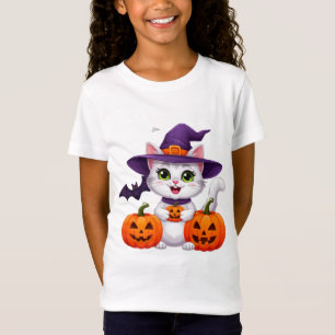 Camiseta Gato Blanco Adorable Calabaza Bruja Sombrero Hallo