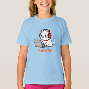 Camiseta Gato Blanco Adorable con Auriculares Rojos en Port