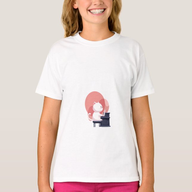 Camiseta Gato Blanco Adorable Tocando Piano Niños (Anverso)