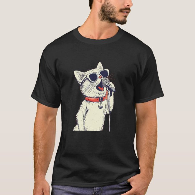 Camiseta Gato Blanco Bonito con Micrófono de Karaoke para C (Anverso)
