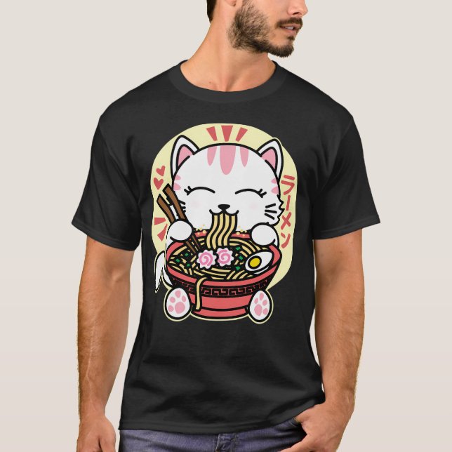 Camiseta Gato Blanco Comiendo Ramen (Anverso)