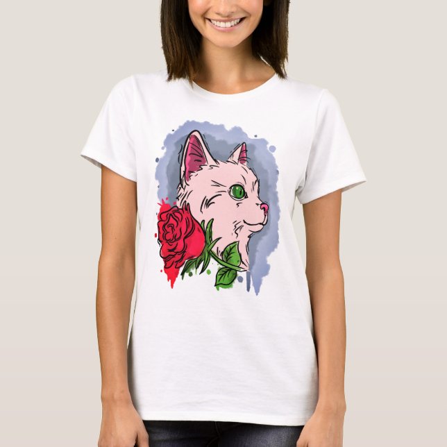 Camiseta Gato blanco con flor (Anverso)