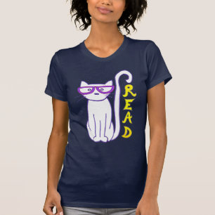 Camiseta Gato blanco con gafas moradas con Rótulo de lectur