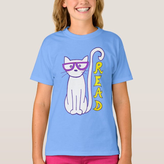 Camiseta Gato blanco con gafas moradas con Rótulo de lectur (Anverso)