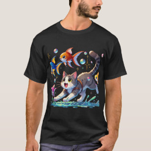 Camiseta gato blanco con ojos azules persiguiendo peces en