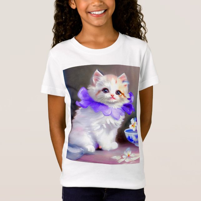 Camiseta Gato blanco con pintura de cuello de flores morada (Anverso)