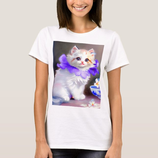 Camiseta Gato blanco con pintura de cuello de flores morada (Anverso)