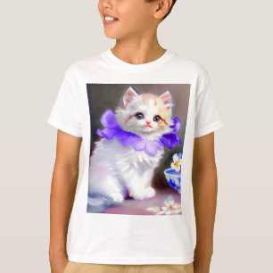 Camiseta Gato blanco con pintura de cuello de flores morada