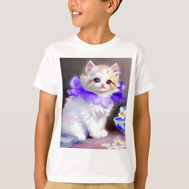 Camiseta Gato blanco con pintura de cuello de flores morada (Anverso)